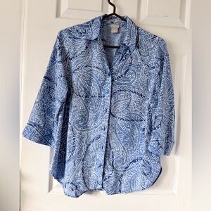 Chico’s 100% Linen Blue and White paisley Shirt Sz 0 Button down, 3/4 Sleeve